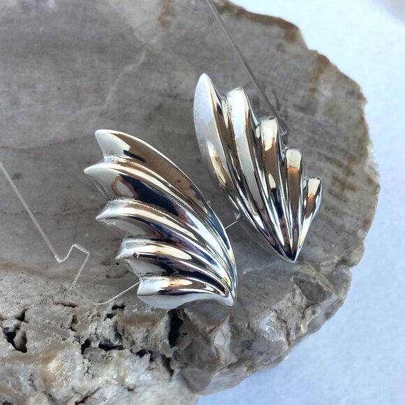 VTG Mexico Sterling Silver 925 Modernist Sculptural Scallop Clip On Earrings - Picture 6 of 12